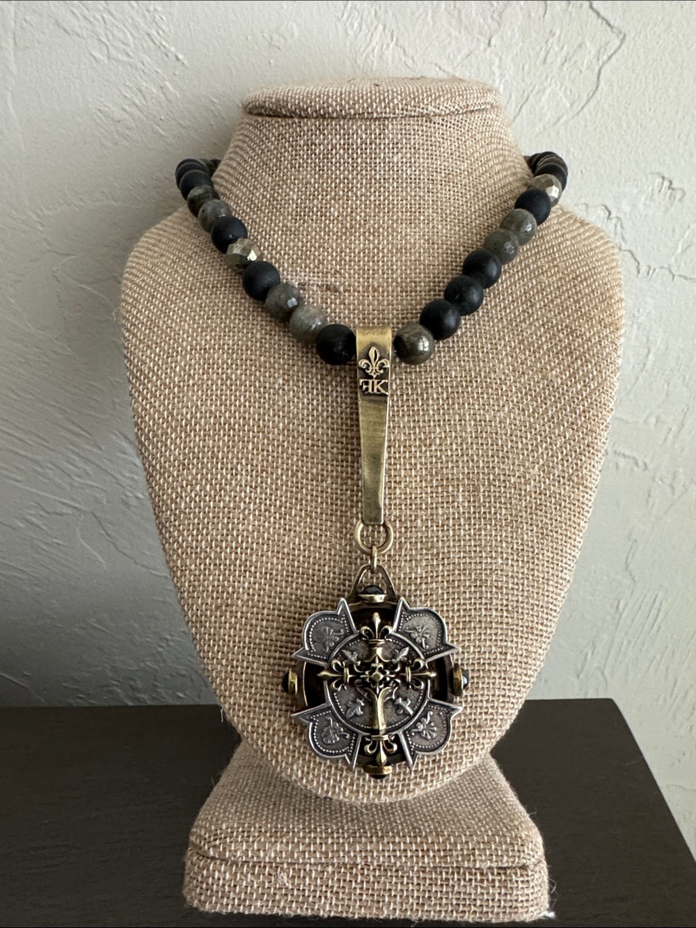 French Kande Black and Gray Bead Necklace with Ornate Mixed-Metal Pendant